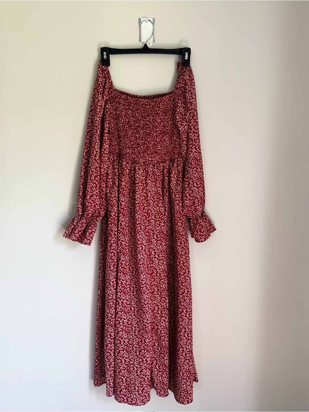 Smocked Off-Shoulder Maxi Dress in Red Floral